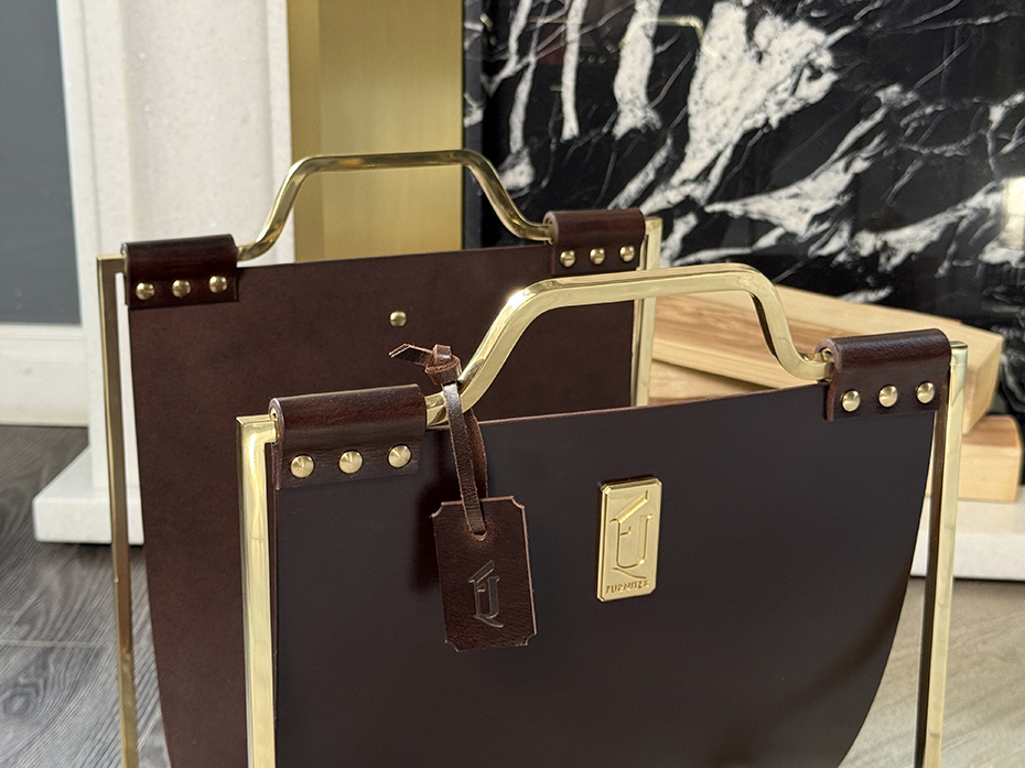 Дровница с кожаной вставкой FG-12054 полированная латунь